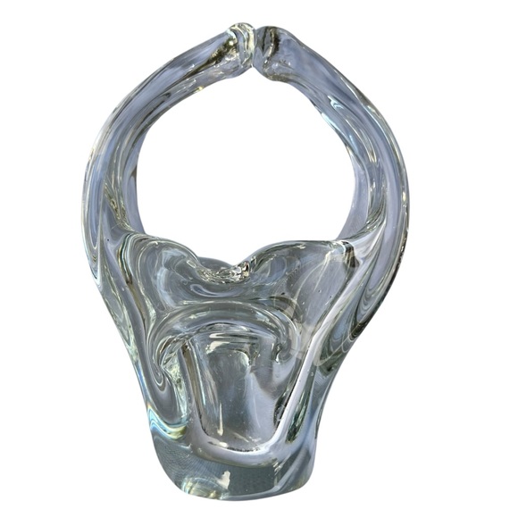 Murano Art Glass Basket Split Handle Hand Blown Clear Art Glass Vintage Abstract - Picture 9 of 9